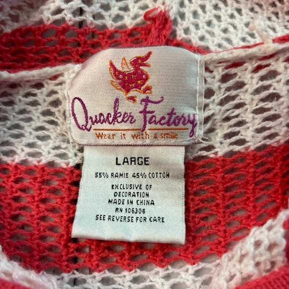 Quacker Factory Zip Up Hooded Mesh Jacket Beach Cover Up Sz L Pink White Stripe - Picture 4 of 11